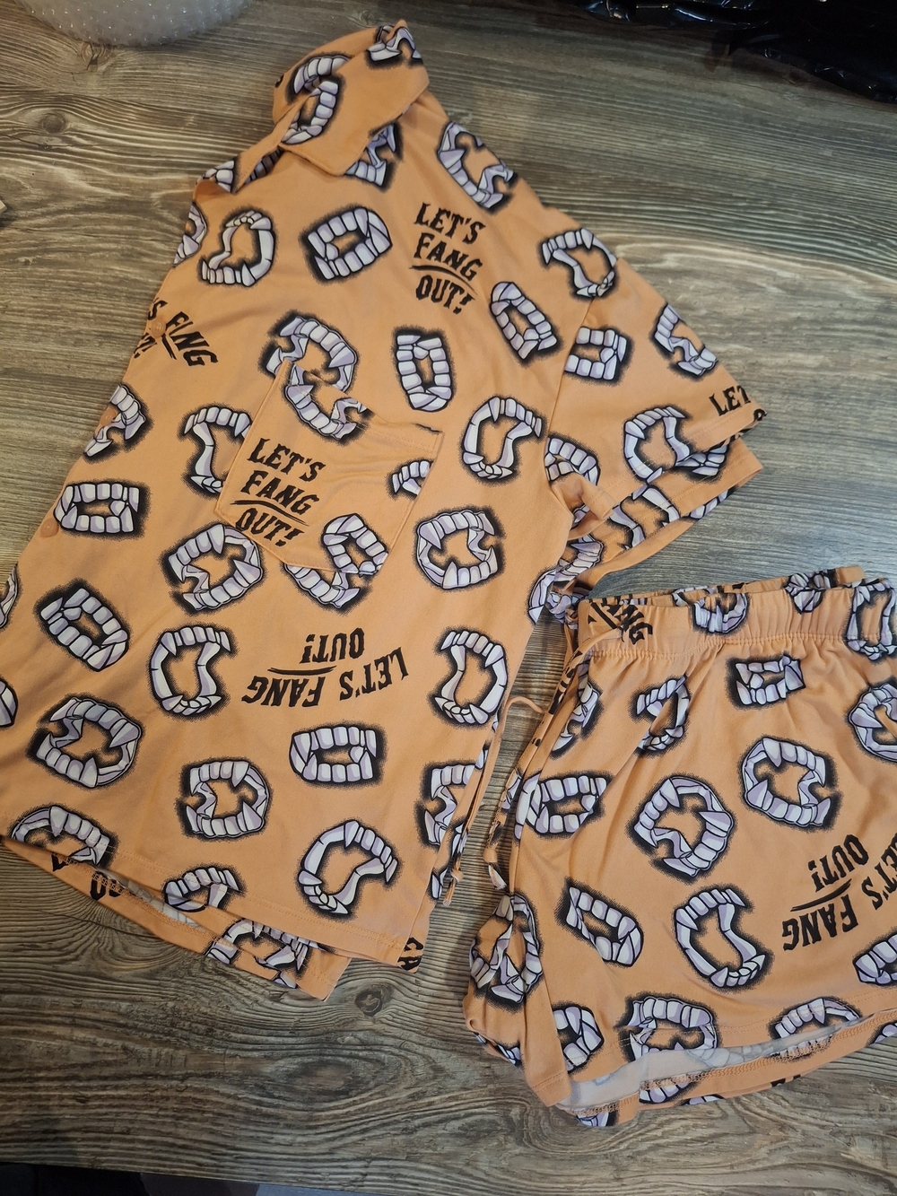 No Boundaries Orange 'Let's Fang Out' Vampire Teeth Pajama Set